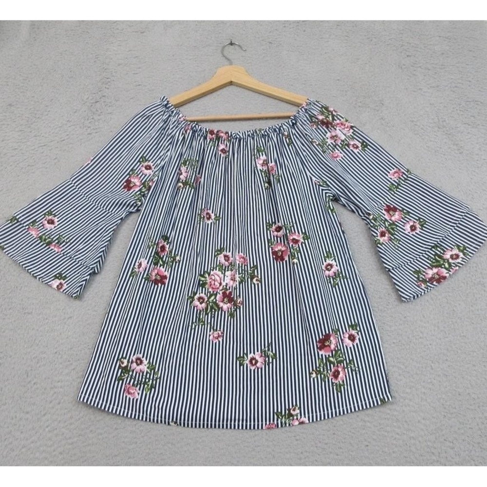 Lascana Floral Off Shoulder Blouse Womens M Blue Striped Bell Sleeve Cottagecore